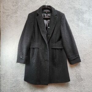 Giacca Trench Coat Women's XL Black Lined Wool Long Sleeve Notch Lapel Back Vent